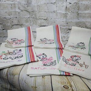 6 Days Of The Week Vtg Cat Kitchen Tea Dish Towels Hand Embroidered Needlepoint